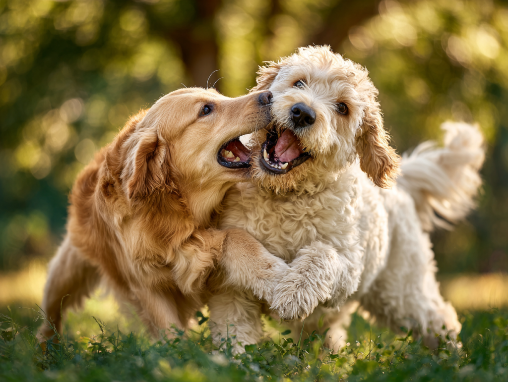 Two dogs playfully wrestling on green grass in a sunny park